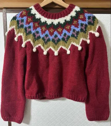 노르딕 무늬 빨간색 니트 스웨터 크리스마스 울 100% 손뜨개질풍