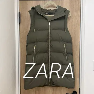 ZARA 자라 후드 부착 롱 다운 베스트 카키색
