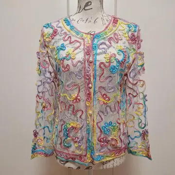 컬러풀 자수 레이스 긴팔 가디건