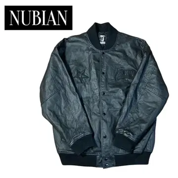 [천연 가죽] nubian 올 가죽 올 블랙 바시티 자켓 백 로고