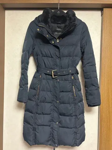 ZARA 롱 다운 코트 벨트 보아 후드 소매 리브 네이비 XS