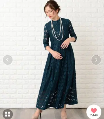 리프 모티브 하이넥 롱 원피스 드레스