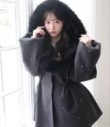 후드 인조 모피 비쥬 미들 코트