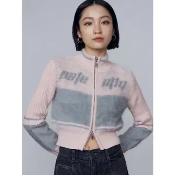 샤기 지퍼 니트 핑크 그레이