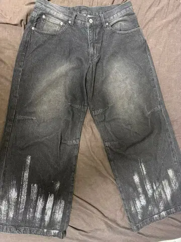 [ 완판템 ] 한정판 할인 실버 프린트 빈티지 와이드 데님 팬츠