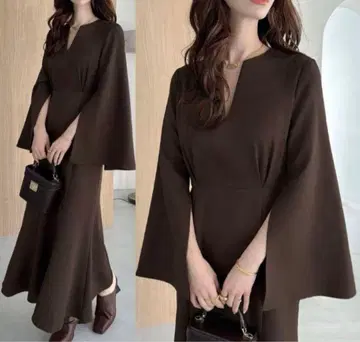 메일 슬릿 슬리브 머메이드 원피스 브라운 V넥 롱 기장