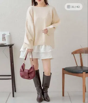 Chico 샤기 루즈 니트 프릴 미니 원피스