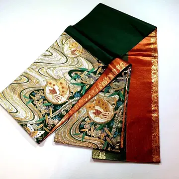 순수 실크 후쿠로 오비 그린 금실 나비 자수 포멀 빈티지 앤티크