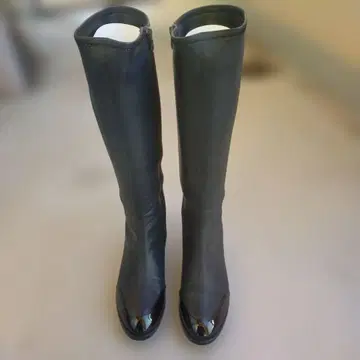 블랙 가죽 오픈토 롱 부츠