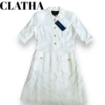 CLATHAS 화이트 반팔 무릎 기장 원피스 택 포함 클리어 버튼 큐트