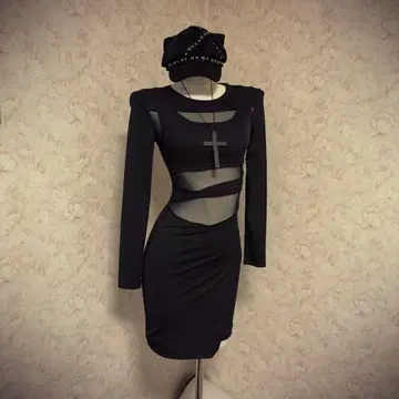 헤이세이 갸루 Y2K 블랙 메쉬 컷 아웃 미니 원피스 펑크