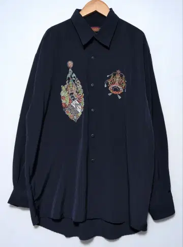 VINTAGE Aigeena 자수 레트로 네이비 긴팔 셔츠 L