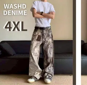 워시드 데님 리얼리 4XL 배기 팬츠 와이드 팬츠 카모플라주