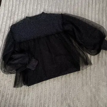 벌룬 슬리브 라메 니트탑 긴팔 튤 포함 블랙