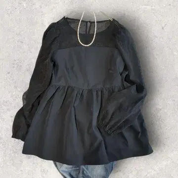 페플럼 블라우스 튜닉 블랙 시어 도트 긴팔 A라인 새상품급 마터니티