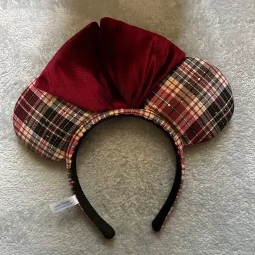 미키 헤드밴드 체크 무늬 빨간색