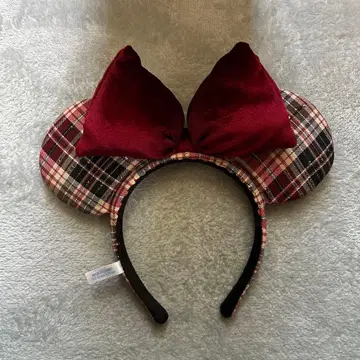 미키 헤드밴드 체크 무늬 빨간색