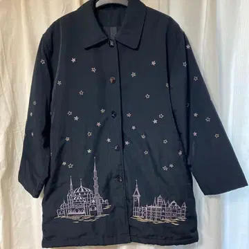 거리 풍경 밤하늘 별 초승달 충전솜 코트 블랙 레트로 모던 쇼와