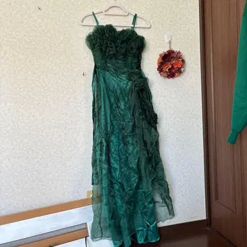 그린 플라워 모티브 롱 드레스