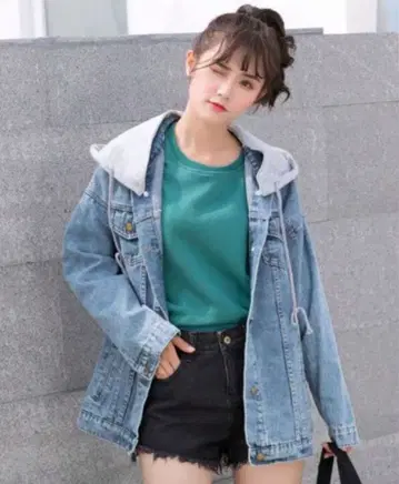 데님 블루 후드 부착 자켓 워시 가공 데님 ( 남녀 공용 )