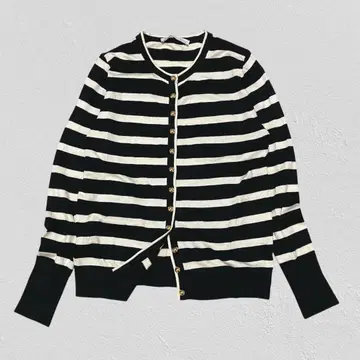 ZARA 자라 골드 버튼 보더 크루넥 가디건 화이트/블랙 38