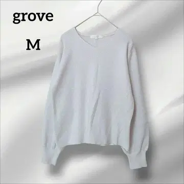 그로브 니트 스웨터 긴팔 V넥 화이트 라메 볼륨 소매 M