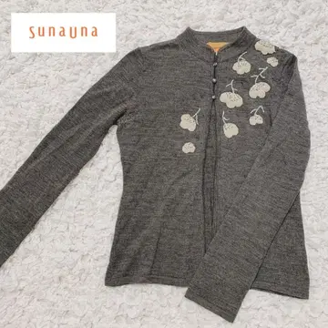 sunauna 그레이 쉬폰 플리츠 꽃무늬 자수 가디건
