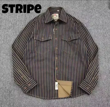 유즈드 가공 레트로 스트라이프 패턴 헤비 웨이트 오버 셔츠 네이비