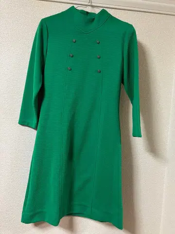 쇼와 레트로! 그린 스트라이프 하이넥 원피스