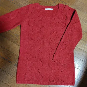 하트 무늬 빨간색 니트 스웨터 긴팔 튜닉 스웨터