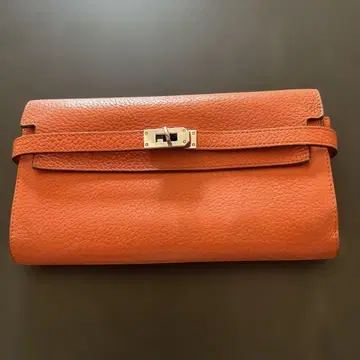 오렌지 가죽 장지갑 (인조 가죽) 카드 12개, 큰 포켓 4곳