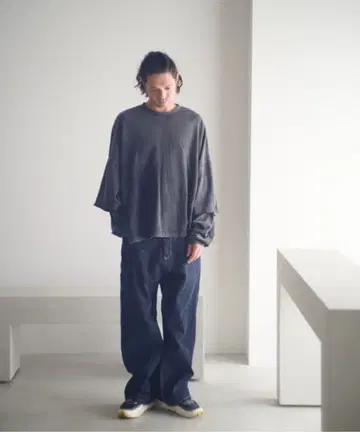 ADAM PATEK 다크 블루 데님 와이드 레그 팬츠