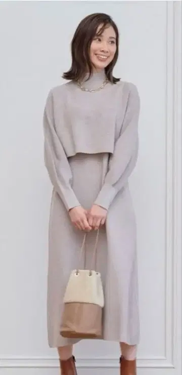 아나이 메리노울 앙상블 니트 원피스 베이지 38