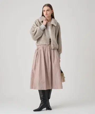 아나이 타프타 요크 개더 스커트 롱 스커트 핑크 베이지