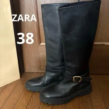 ZARA 블랙 가죽 롱 부츠 버클 포함 38