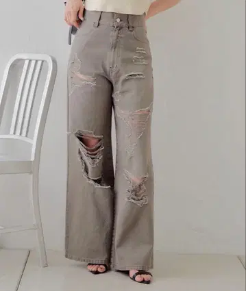 chico 데미지 와이드 데님 팬츠 브라운