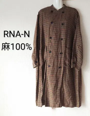 RNA-N 린넨 오버 코트 롱 코트 린넨 100% 체크 무늬