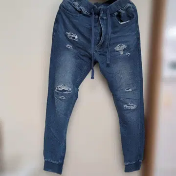 데님 블루 데미지 가공 조거 팬츠