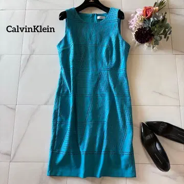 CalvinKlein 터콰이즈 블루 슬리브리스 드레스 컷워크 꽃무늬
