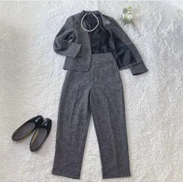 [ M 사이즈 ] 아쿠아 가라지 트위드 노카라 수트 하이웨스트 팬츠