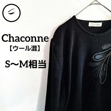 [ Chaconne ] 긴팔 니트 스웨터 블랙 리프 자수 비쥬 울 혼방