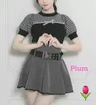 pium 리본 포함 반팔 니트 프리 사이즈