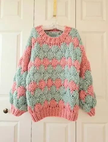 merry jenny 메리제니 지그재그 바이컬러 핸드 니트 핑크 그린