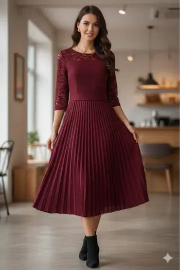 레이스 x 플리츠 원피스 보르도 FREE 사이즈 결혼식 파티 새상품급