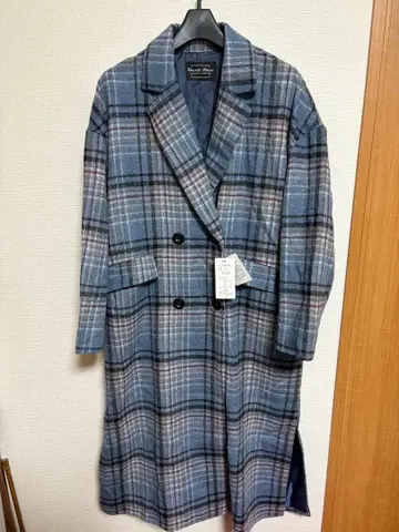 택 포함 새상품 울 혼방 더블 브레스트 롱 코트 블루 체크