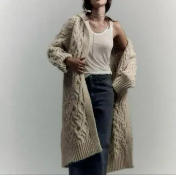 ZARA 가디건 니트 새상품 베이지 케이블 짜임 롱 가디건