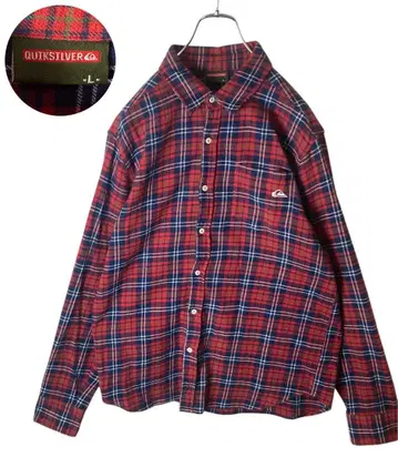 퀵실버 자수 로고 레드 x 네이비 코튼 셔츠 루즈한 사이즈