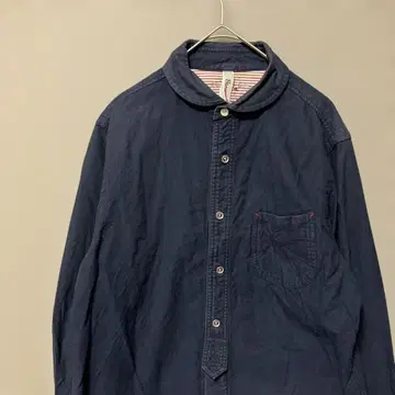 노리즈 라운드 칼라 긴팔 셔츠 (M) 네이비 무지 코튼 100%