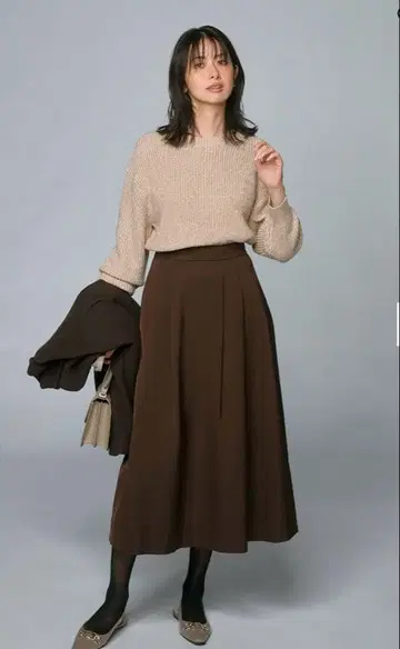 plst 볼륨 턱 플레어 스커트 S 브라운