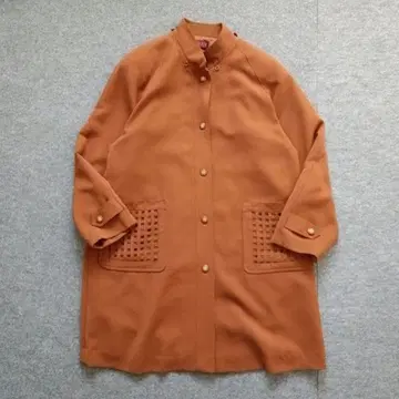 롱 코트 테라코타 뜨개질 포켓 어깨 패드 레트로 여성 빈티지